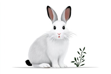 Obraz premium White rabbit sitting near small plant on white background