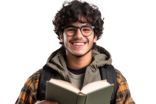 Young student with curly hair smiles while holding an open book, showcasing joy and enthusiasm for learning in a casual, modern setting