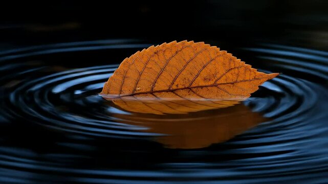 An orange leaf rests on dark water creating ripples in a circular pattern around the floating foliage