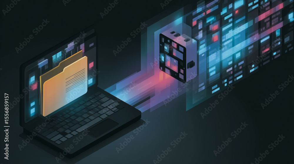 Poster data flow visualization: a digitally rendered scene captures the essence of data transfer. a laptop 
