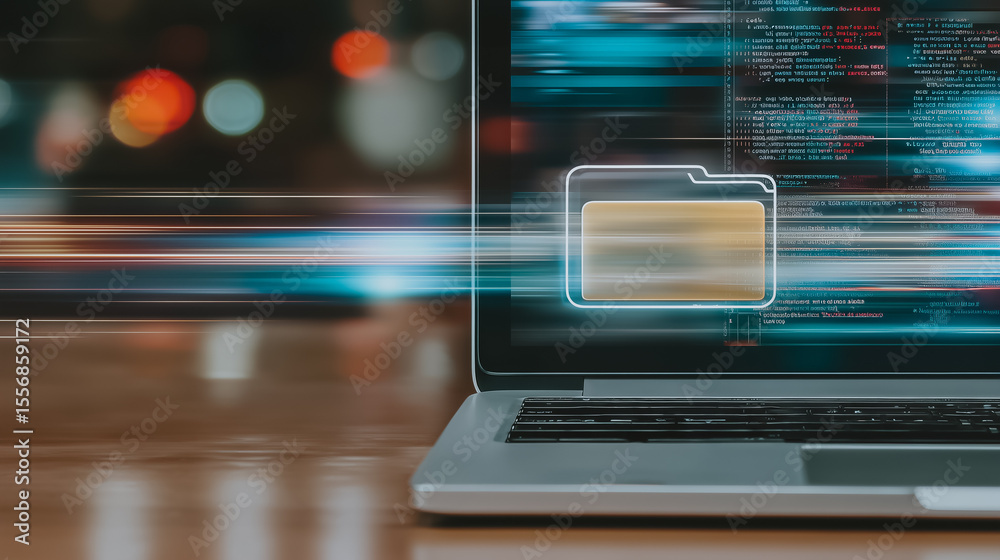 Poster data transfer in progress: a laptop displays a folder icon with a visual representation of data tran
