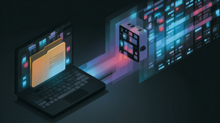 Data Flow Visualization: A digitally rendered scene captures the essence of data transfer. A laptop shows a folder and the data flows to the server, symbolizing the connection of modern technology