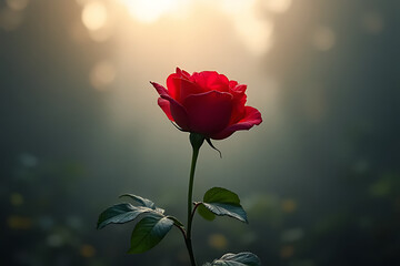 Single red rose standing tall in a misty park setting, soft glowing light and shallow depth for dreamy atmosphere, minimalist layout 
