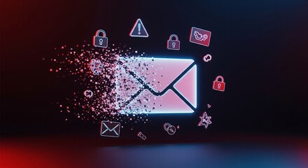 Envelope symbol breaking apart into pixels with alert signs surrounding it