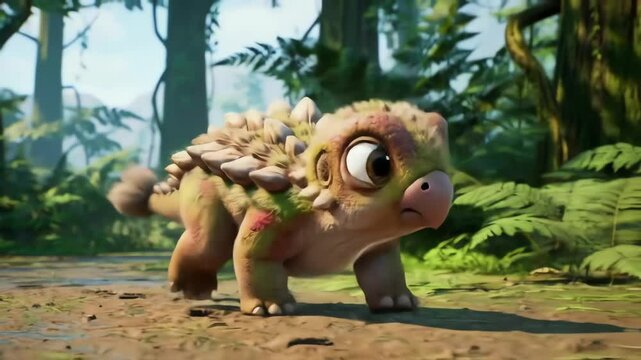 Animated baby ankylosaurus walking with back spikes  clubbed tail in a leafy forest setting
