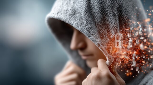 Cybersecurity alert hacker in hood digital realm concept art urban setting close-up perspective data protection theme