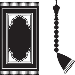 Black and White Silhouette Islamic Prayer Rug Tasbeeh Design Religious Symbol muslim religion