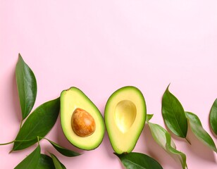 Two avocado halves with leaves on pink background