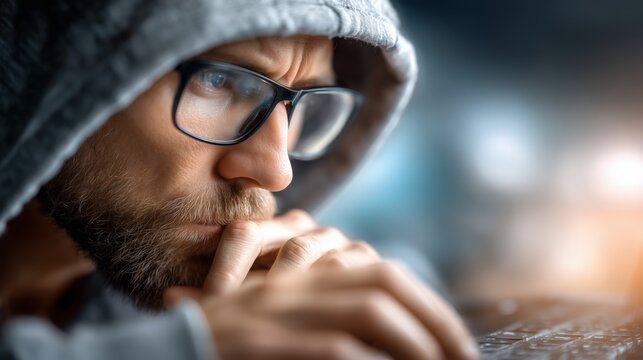 Focused programmer analyzes code home office digital workspace indoor close-up concentration