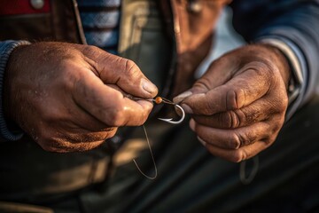 Close-up of fisherman’s hands tying bait on fishing hook