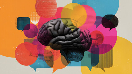 collage of brain with colorful message bubbles, themes of ADHD and neurodiversity