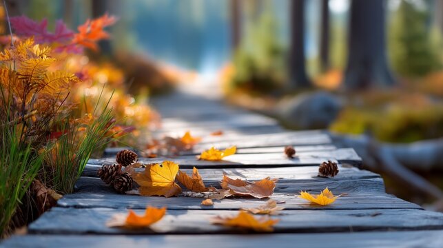 Autumn leaves falling along a wooden path scenic forest landscape nature photography tranquil environment close-up view