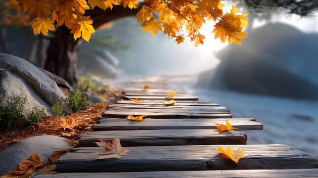 Autumn leaves falling on wooden path serene nature scene tranquil environment scenic viewpoint peaceful concept