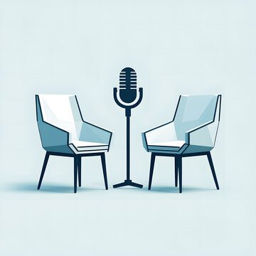 Light Blue Podcast Studio Setup with Microphone and Chairs, Square image.