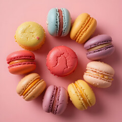 Obraz premium Overhead flat lay of pastel macarons arranged in a circle on a matching pastel backgroundOverhead flat lay of pastel macarons arranged in a circle on a matching pastel background
