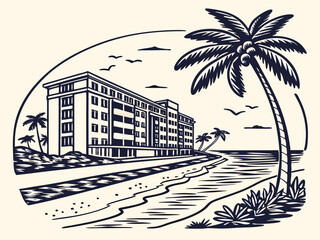 Retro beach resort illustration depicting oceanfront building palm trees and seaside scenery in a vintage engraved style
