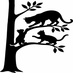 black and white sillhouette of a cats playing on a tree ioslated white background