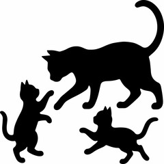 black and white sillhouette of a cat with his kids isolated white background