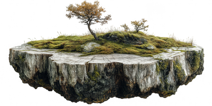A miniature floating island ecosystem featuring a weathered tree stump covered in lush green moss and small trees isolated on transparent background - Powered by Adobe