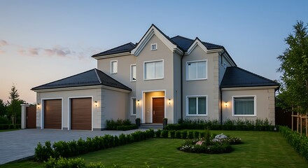 Villa, Modern, Luxury, Home, Exterior, 3d, Building, Residential, Contemporary, Design, Evening, Interior, Parking, Yard, Beautiful, Roof, Outdoor, Illustration, Residence, New, Grass, Terrace, Garden