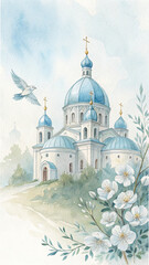 Obraz premium Watercolor Painting Orthodox Church Dove Flowers Blue Domes