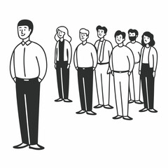 One man stands apart from a diverse group of people in a line