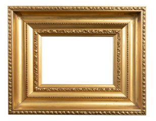 Top-down flat lay of square antique gold frame with decorative edges, isolated on white background PNG