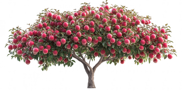 A bountiful apple tree laden with ripe red apples showcasing a full canopy of fruit and leaves isolated on transparent background