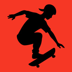Silhouette of a skateboarder performing a trick against a vibrant red background