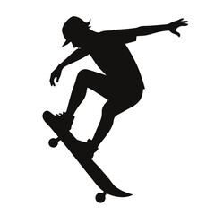 Silhouette of a skateboarder performing a trick on a white background