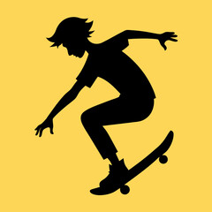 Silhouette of a young person performing a skateboarding trick against a yellow background