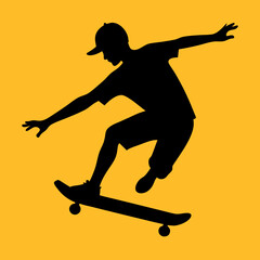 Silhouette of a young man skateboarding and performing a trick against a vibrant yellow background