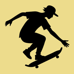 Silhouette of a skateboarder performing a trick against a light yellow background