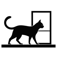 Black silhouette of a cat walking along a windowsill looking out a window