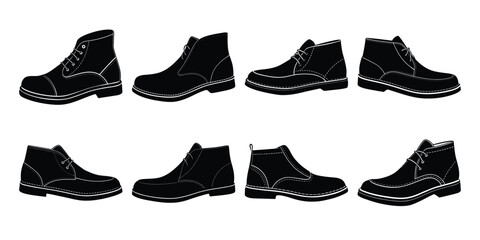 Vector desert boots silhouette set isolated on white background.