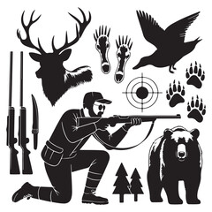 Hunting Silhouette Vector Set - Hunter, Rifle, Bear, Deer, Duck and Tracks