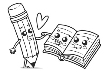 illustration of pencil and book, for coloring book, coloring page, kids, back to school
