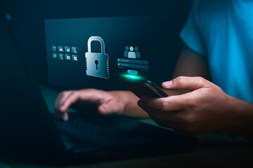 Cybersecurity login interface on laptop and smartphone, user accessing secure system with password...
