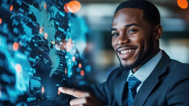 Smiling businessman pointing digital world map with glowing data points transparent screen showing global connection technology and futuristic