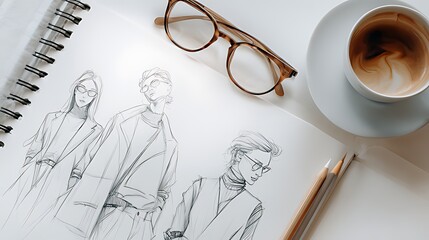 Fashion Sketches of Stylish Figures with Coffee and Glasses, Stylish, elegant fashion sketches of people in various outfits are displayed on a spiral-bound notepad.