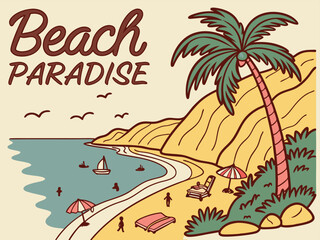 Obraz premium Vector illustration of a serene beach paradise with a palm tree and people enjoying a relaxing summer vacation scene.
