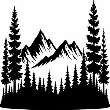 black and white sillhouette of a buetiful mountain isolated white background