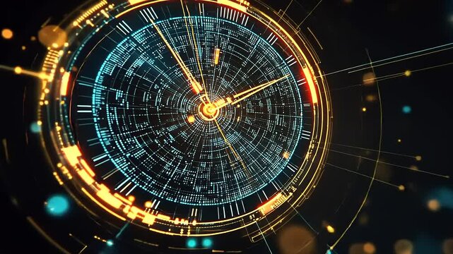 Futuristic digital clock display showcasing intricate patterns and glowing elements against a dark backdrop - Powered by Adobe