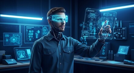 Man Interacting with Futuristic Interface Using Smart Glasses