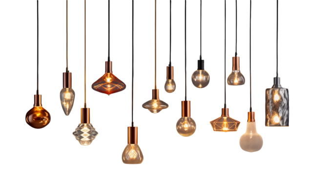 Modern pendant lights featuring diverse glass shapes Isolated on transparent Background