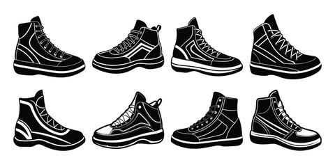 Vector art of black silhouettes of basketball shoes isolated on white background.