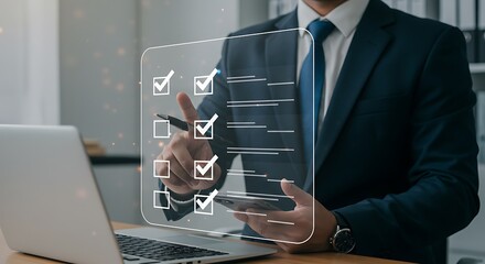 Businessman in suit interacting with a digital checklist on a screen.