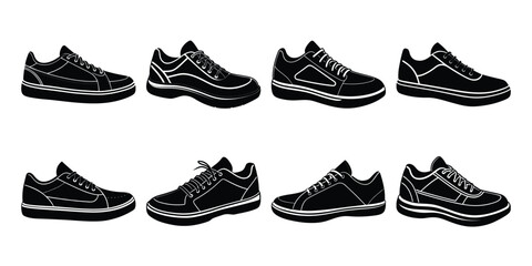 Tennis sports shoes silhouette set isolated on white background.