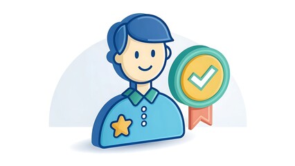 Cartoon illustration of a person with a star and a checkmark badge on a white background ai generated 