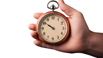 Hand holding vintage pocket watch shows passing time Isolated on transparent Background 